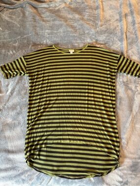 LuLaRoe Olive Green and Black Striped Short Sleeve Top